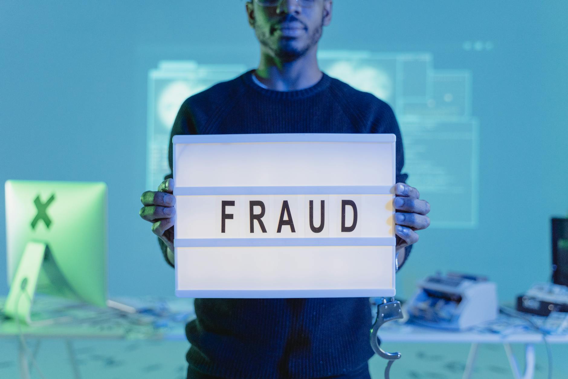 Mężczyzna w biurze IT trzyma kartkę z napisem FRAUD